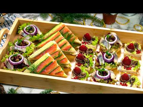 Quick and easy party food ideas. 4 Appetizer recipes for parties. Salmon, avocado and anchovies