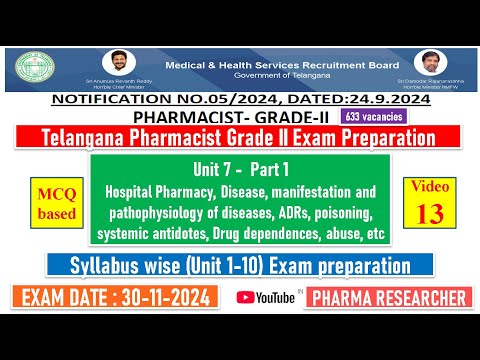 Telangana Pharmacist Grade-II exam Preparation II Unit 7 - part 1 II Unit 1-10 exam preparation