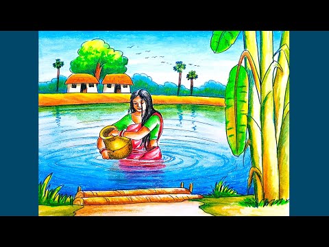 Beautiful village women with pond scenery drawing step by step/Village pond drawing