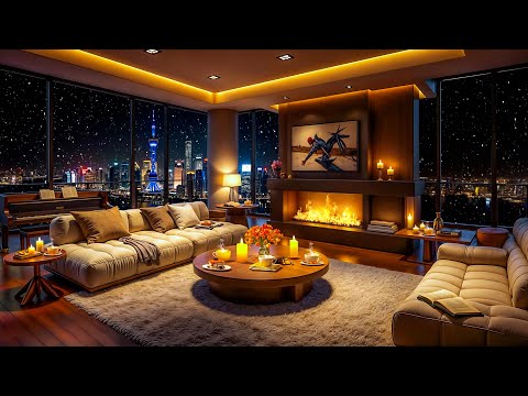 Snowy Night ❄️ Cozy Apartment Ambience with Smooth Jazz Saxophone Music & Fireplace Sounds to Relax