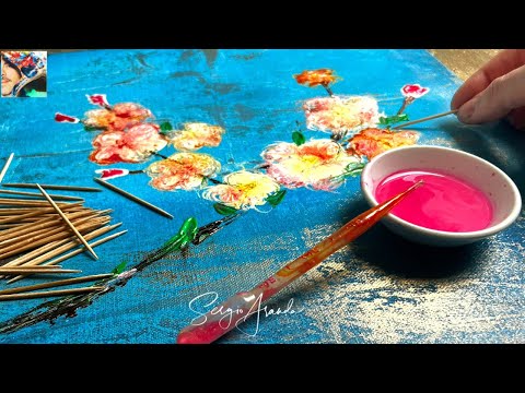 Painting the Cherry Blossom / Acrylic Painting Techniques: Semi-abstract with toothpicks - Art DIY