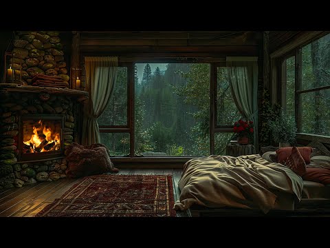 Rain On Window and Fireplace Sounds for Sleeping, Relaxing, Healing | Cozy Bedroom with Forest View