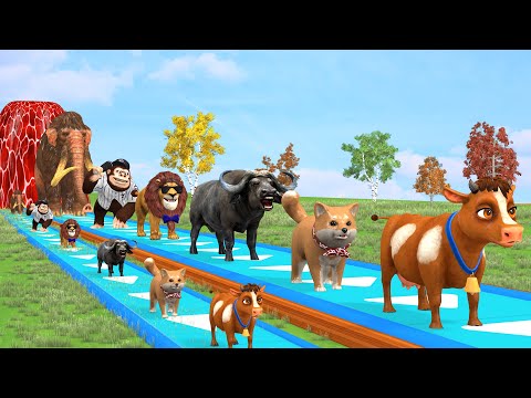 Paint & Animals Cow,Gorilla,Elephant,Lion,Tiger,Dinosaur, Fountain Crossing Transformation Cartoon