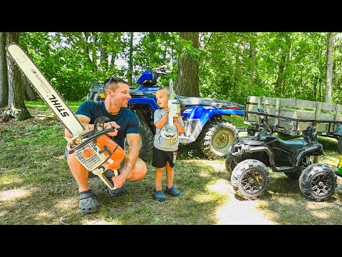 Firewood with Dad. Chainsaws and Four wheelers - real and toys