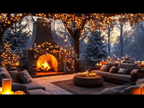 Cozy Patio in Winter Forest ⛄ Warm Firelight, Rustic Charm, and Snowy Forest Views ~ Relaxing Jazz