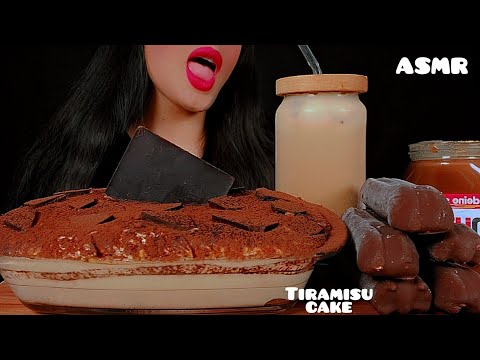 🍫asmr tiramisu cake👅🎂 with chocolate ice cream and Nutella with cold coffee |우유가 들어간 먹방 티라미수 케이크|😋🐾