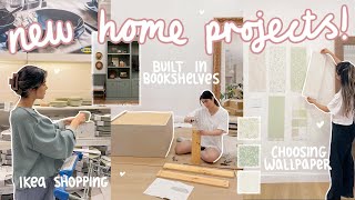 making BUILT IN BOOKSHELVES! ikea shop with me, building cabinets + new wallpaper!