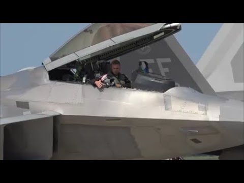 F-22 Raptor Demonstration 2024- startup, taxi, maneuvers with flares