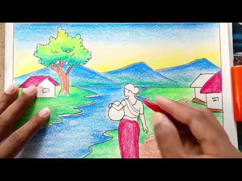 Village Scenery Drawing easy/ How to draw village scenery with colour /Oil pastel colours scenery.