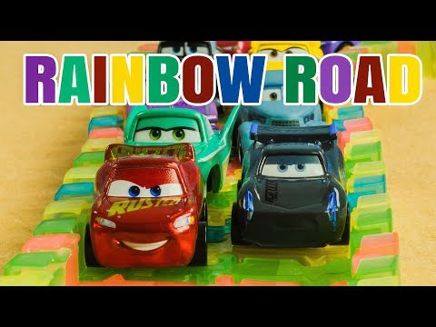 Rainbow Road Cars Race w/Legends McQueen & Storm Ramone Cruz Mater Flow Sheriff