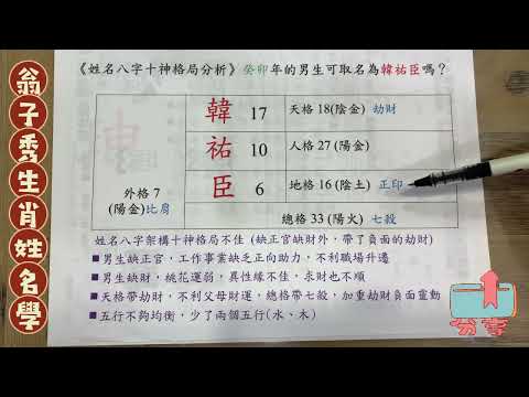 《翁子秀十神生肖姓名學》生肖姓名分析(韓祐臣)  |取名 |改名|翁子秀生肖姓名學 |名字鑑定 |改名