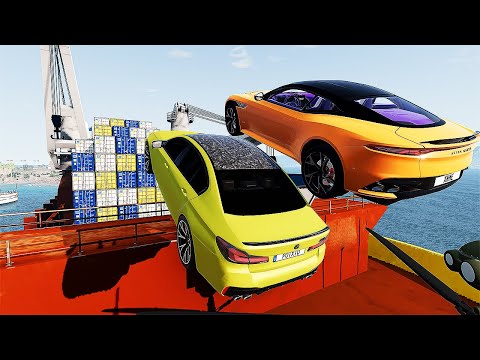 Super Cars VS Cargo Container Ship Jump Parkour Challenge Test #3   BeamNG Drive