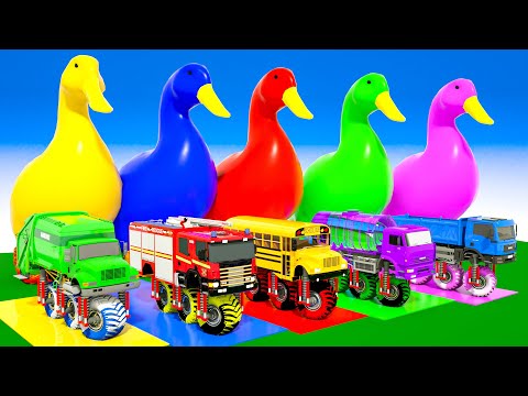 5 Giant Duck Cartoon, School Bus, Fire Truck, Kamaz, Baby Shark Song Nursery Rhymes & Kids Songs