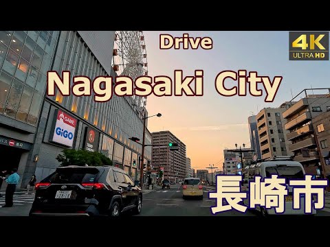 4K drive front car window video - Nagasaki City, Japan (at dusk)