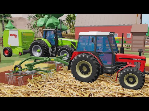 Colorful Farm and Two VIP Tractors - Raking and Rolling Straw Bales From Bazylland Tractors