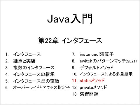 Java入門 第22章 インタフェース (11)staticメソッド