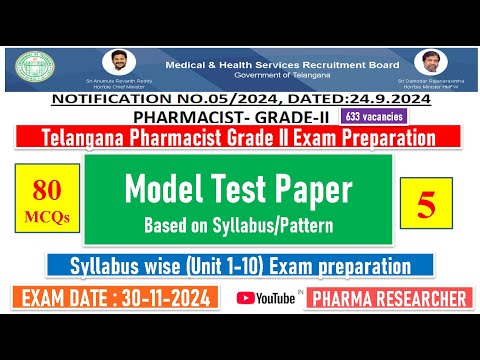 Telangana Pharmacist Grade-II exam Preparation II Mock test - 5 II Unit 1-10 exam preparation