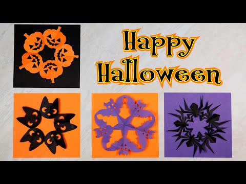 Introducing how to make Jack-o'-lantern, Black Cat, Bat, and Spider with Origami and Kirigami.