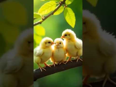 A group of cute colorful chicks perched on the branches of a lush green tree #birds #wildlife