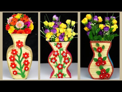 3 Easy Handmade Flower Vase Ideas With Cardboard and Popsicle Sticks | Flower Vase DIY Ideas