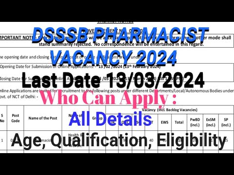 DSSSB PHARMACIST VACANCY 2024| Full Details (Age, Eligibility, Qualification, Fee) #dsssbpharmacist