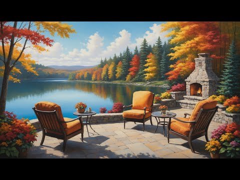 Fall Lake House Porch | Cozy Fireplace, Coffee, and Nature Sounds with Ambient Piano Music - 1 Hour