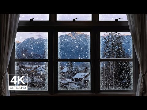 4K Winter town with snow window View - Relaxing, Calming, Ambience