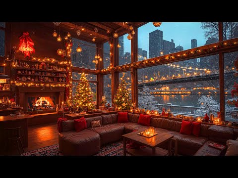 Warm Night Christmas Ambience In NYC 🎄 Soft Christmas Jazz Music 2025 & Snowfall, Fireplace Sounds 🔥