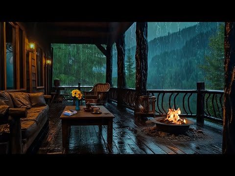 Forest Wooden Balcony On Rainy Night 🌙 Heavy Rain and Fire Pit Sounds For Sleeping, Relaxing