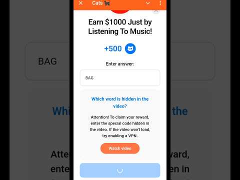 Earn $1000 Just By Listening To Music! Video Code Today | CATS Video Code Today $Cats #crypto​