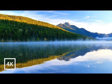 4K Bowman Lake Sunrise | Glacier National Park | Relaxing Nature Scene | Soothing Water Ambience