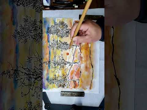 Fusion watercolor study Egon Schiele's trees on Chinese Xuan rice paper