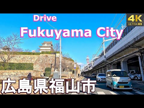 4K drive front car window video - Fukuyama City, Hiroshima, Japan