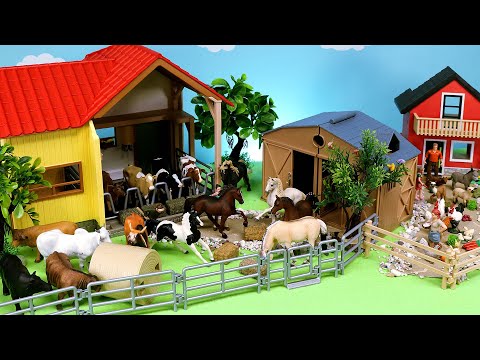 Country Farm Barn and House Set with Animal Figurines - A Day on a Farm