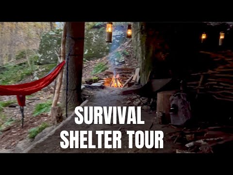 BUSHCRAFT SHELTER TOUR, Tools Used & Building Process Explained! Survival, Axe, Stone Fireplace