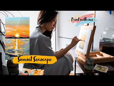 Painting an easy and simple Sunset Seascape using Acrylic | Relaxing Painting Timelapse