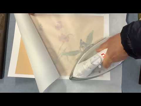 Dry mounting a silk painting demo by Victoria in a Live Gongbi Class on Zoom