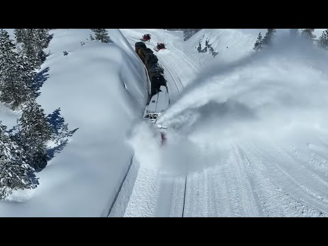 Rotary Snow Train - Plowing Donner Pass California - Drone and Ground video with audio - 4k