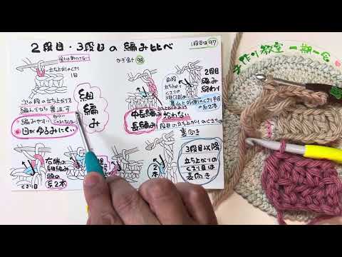 かぎ針98　2段目・3段目の編み比べ（細編み・中長編み・長編み）2023年10月8日