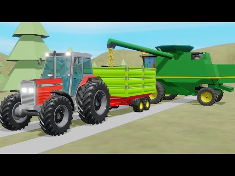 A modern Colors Tractor & a green combine harvester, That is a Ready field for Harvesting wheat