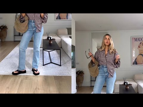 H&M Button Down Shirt + Fashion Nova Blue Denim Jeans & Mom Black Platform Slippers