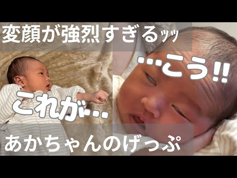 【1か月ベイビィ】授乳後のげっぷで白目向きながら変顔【げっぷ/お手手/じゃんけん/皿洗い】