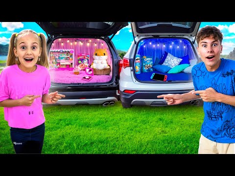 Arranged 2 secret rooms in the car by colors Blue colour VS Pink