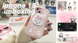 🎧🎀 iphone 15 aesthetic unboxing (pink) - phone transformation + accessories, setup, genshin