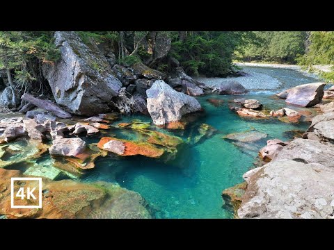 Zen Waters: Stunning Blue Pools of Glacier National Park 4k UHD - River Sounds for Sleeping