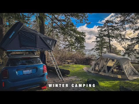 Winter camping on the Windy Coast | Snow Peak Living Shell Long Pro. Ivory, iKamper Skycamp 3.0 mini