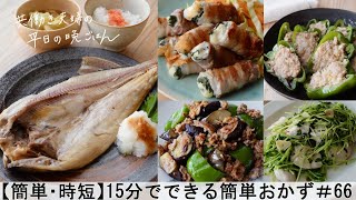 【平日５日間の晩ごはん＃66】15分でできる簡単おかず(とろ〜りチーズと大葉の肉巻き／鶏むね肉と豆苗のにんにく炒め／茄子とひき肉の味噌炒め／ほっけ焼き／ピーマンの肉詰め／#japanesefood)