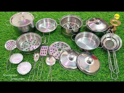 4 minutes satisfying with unboxing hello kitty deluxe chef kitchen set | Miniature steel kitchen set