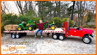 Farm delivery with kids ride on semi truck and trailer, tractor, forklift. Educational | Kid Crew