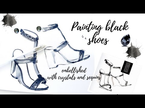 Painting black shoes embellished with Swarovski buttons